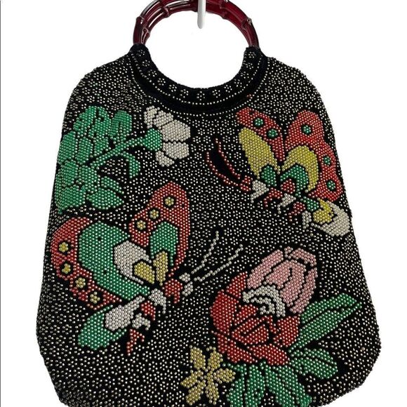 Vintage 1970s Micro Beaded Butterfly Floral Top Handle Satchel Handbag Black - Picture 1 of 16